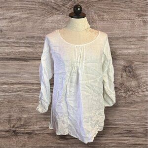Valentina Naldi‎ ITALY Top LINEN 3/4 Sleeves White Pleated Front Sz M Blouse
